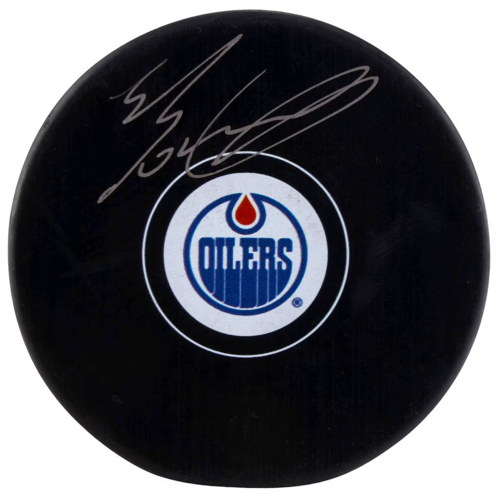 Evan Bouchard Edmonton Oilers Autographed Hockey Puck (Fanatics Authentic)