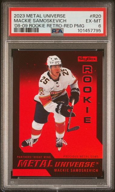 2023-24 Metal Universe '08-09 Rookie Retros Precious Metal Gems Red #R20 Mackie Samoskevich #091/100 PSA 6 (Rookie) | Eastridge Sports Cards