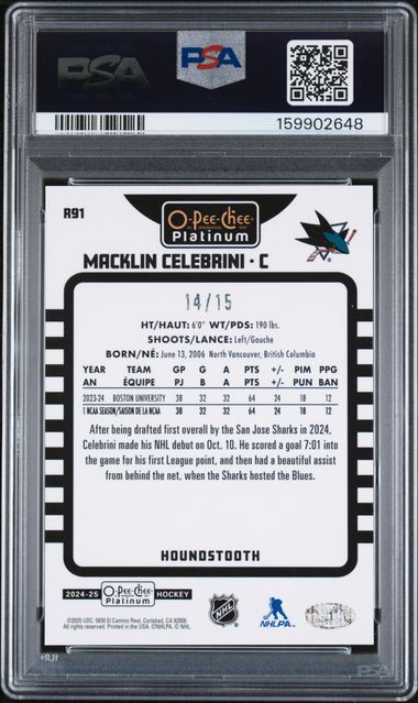 2024-25 O-Pee-Chee Platinum Retro Houndstooth #R91 Macklin Celebrini #14/15 PSA 8 (Rookie)