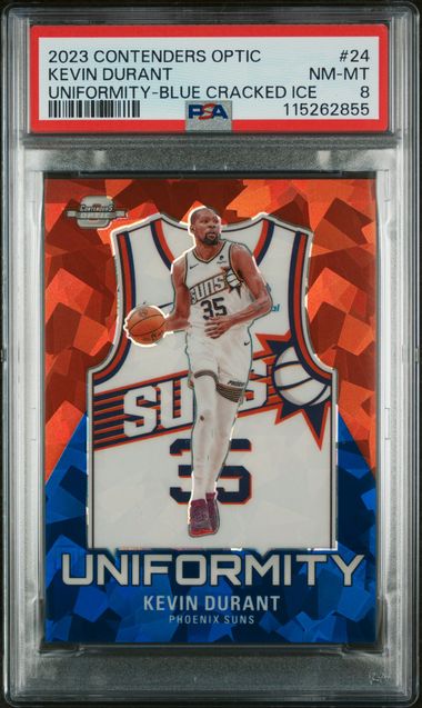 2023-24 Panini Contenders Optic Uniformity Blue Cracked Ice #24 Kevin Durant #14/75 PSA 8