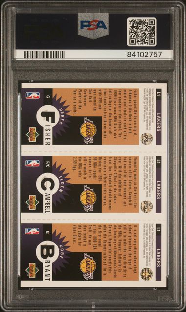1996-97 Collector's Choice Lakers Team Mini Gold #L1 Kobe Bryant/Elden Campbell/Derek Fisher PSA 8 (Rookie)