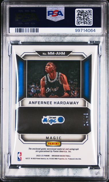 2022-23 Panini Obsidian Matrix Materials Auto Electic Etch Purple #MMAHM Anfernee Hardaway #04/49 PSA 8