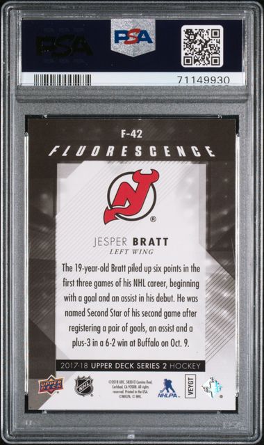 2017-18 Upper Deck Fluorescence Blue #F-42 Jesper Bratt #05/50 PSA 9 (Rookie)