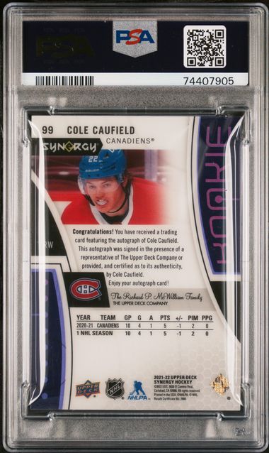 2021-22 Upper Deck Synergy Purple Autograph #99 Cole Caufield #43/99 PSA 9 (Rookie)