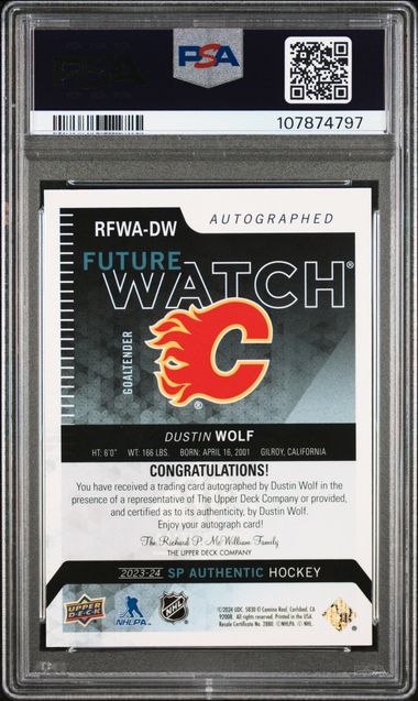 2023-24 SP Authentic 2013 Retro #54 Dustin Wolf #106/199 PSA 10 (Rookie)
