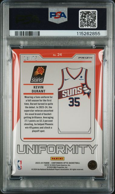 2023-24 Panini Contenders Optic Uniformity Blue Cracked Ice #24 Kevin Durant #14/75 PSA 8