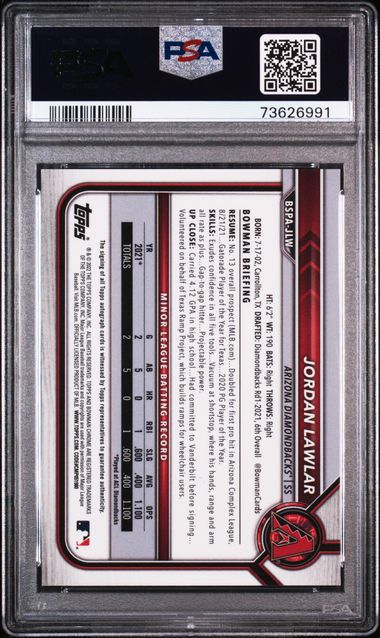 2022 Bowman Chrome Sapphire Edition Prospects Purple Refractor Auto #CPAJLR Jordan Lawlar #07/10 PSA 10