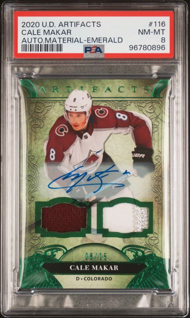 2020-21 Upper Deck Artifacts Emerald Auto Material #116 Cale Makar #08/15 PSA 8 (Jersey #)