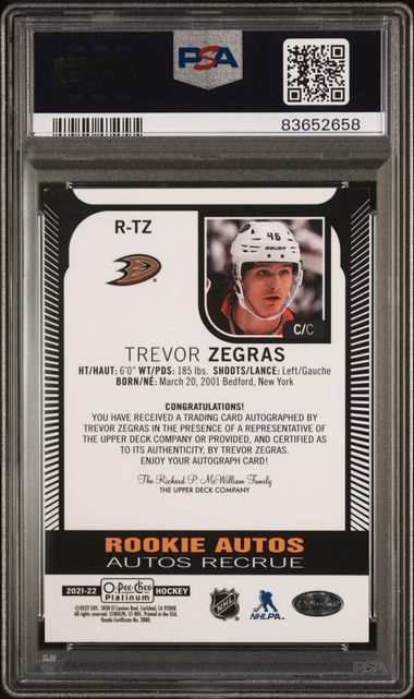 2021-22 O-Pee-Chee Platinum Rookie Autographs #RTZ Trevor Zegras PSA 9 (Rookie) | Eastridge Sports Cards