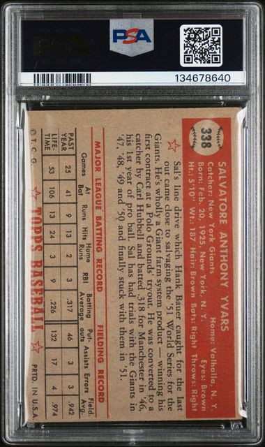 1952 Topps #338 Sal Yvars PSA 1