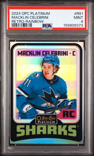 2024-25 O-Pee-Chee Platinum Retro Rainbow #R91 Macklin Celebrini PSA 9 (Rookie)