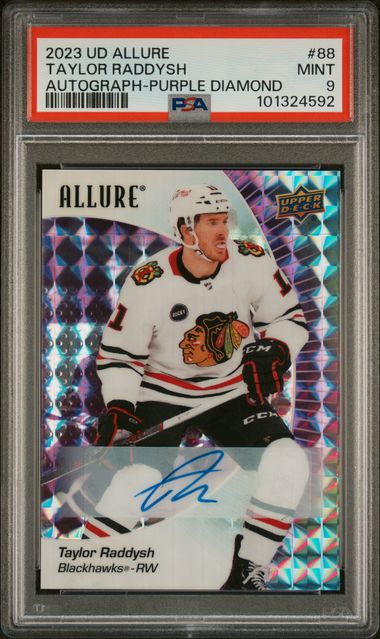 2023-24 UD Allure Purple Diamond Autograph #88 Taylor Raddysh #03/10 PSA 9 (Rookie)
