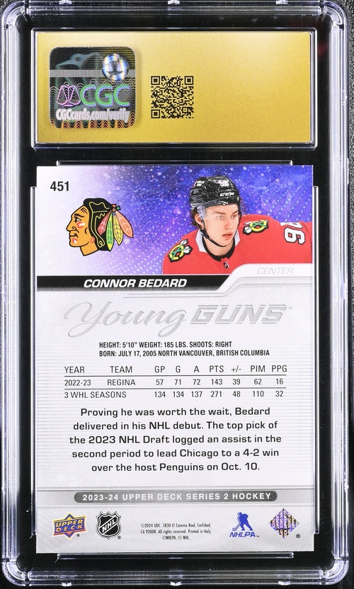 2023-24 Upper Deck #451 Connor Bedard CGC 10 Pristine (Rookie)
