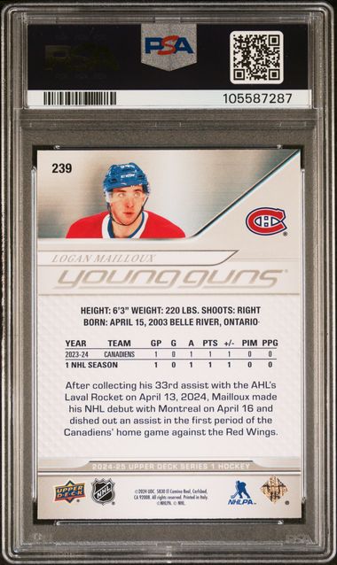 2024-25 Upper Deck #239 Logan Mailloux PSA 9 (Rookie) | Eastridge Sports Cards