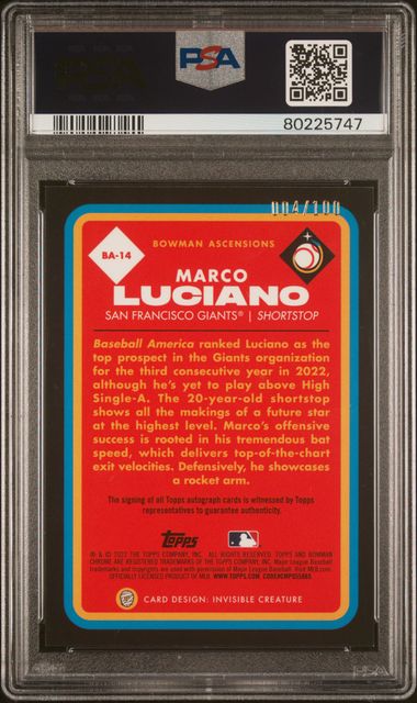 2022 Bowman Chrome Bowman Ascensions Autograph #BA14 Marco Luciano #004/100 PSA 9
