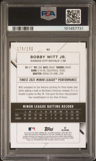 2022 Finest Purple Refractors #62 Bobby Witt Jr. #179/250 PSA 10 (Rookie) | Eastridge Sports Cards