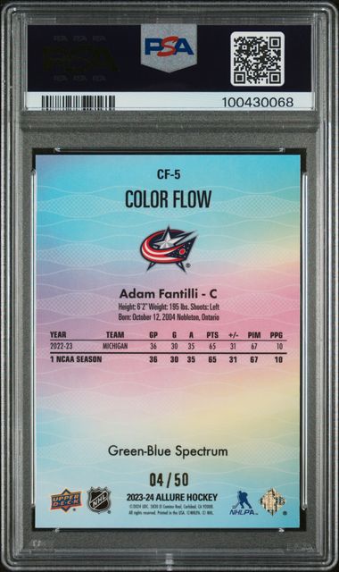 2023-24 Allure Color Flow Green-Blue Spectrum #CF5 Adam Fantilli #04/50 PSA 10 (Rookie)