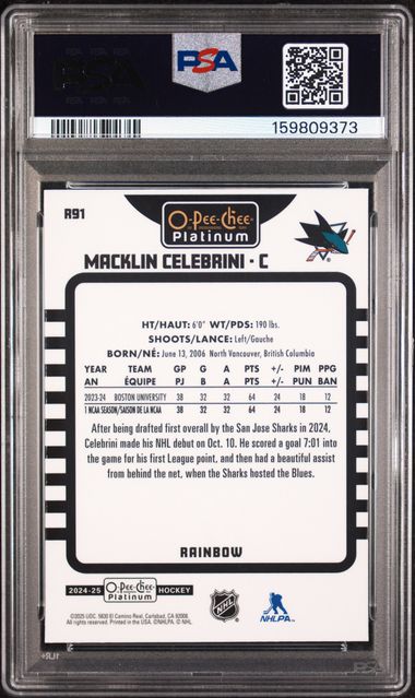 2024-25 O-Pee-Chee Platinum Retro Rainbow #R91 Macklin Celebrini PSA 9 (Rookie)