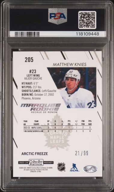 2023-24 O-Pee-Chee Platinum Arctic Freeze #205 Matthew Knies #21/99 PSA 10 (Rookie)