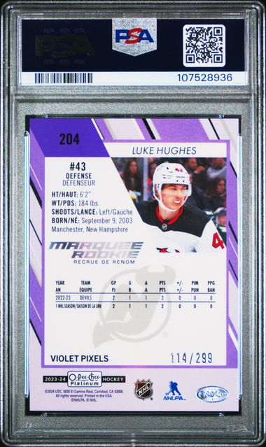 2023-24 O-Pee-Chee Platinum Violet Pixels #204 Luke Hughes #114/299 PSA 10 (Rookie)