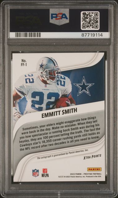 2023 Prestige Franchise Favorites Xtra Points Autographs Platinum #1 Emmitt Smith #3/3 PSA 10 | Eastridge Sports Cards