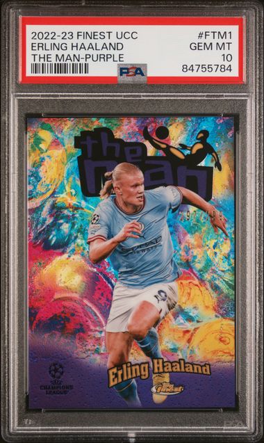 2022-23 Topps Finest UEFA Club Competitions The Man Purple Refractor #FTM1 Erling Haaland #297/299 PSA 10