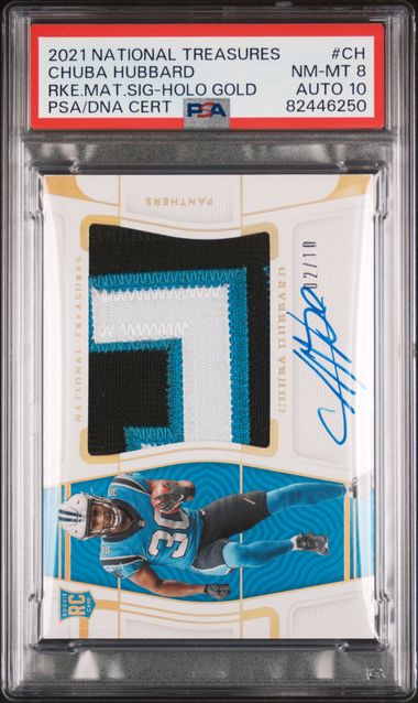 2021 Panini National Treasures Rookie Material Signature Holo Gold #CH Chuba Hubbard #02/10 PSA 8 (Auto 10) (Rookie)