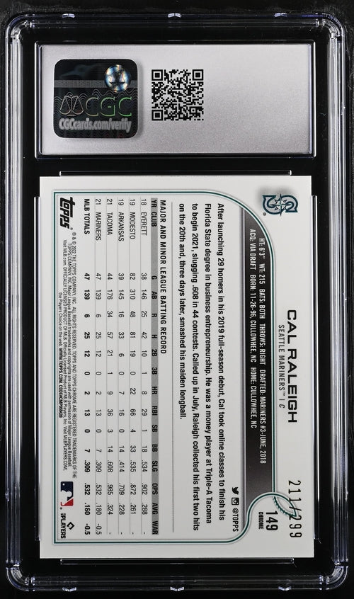 2022 Topps Chrome Sonic Purple/Yellow Sonic Pulse Refractor #149 Cal Raleigh #211/299 CGC 9.5 (Rookie)