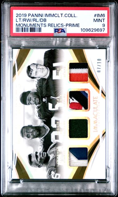 2019 Panini Immaculate Collection Monuments Relics Prime #IM6 Lawrence Taylor/Reggie White/Ray Lewis/Dick Butkus #07/10 PSA 9