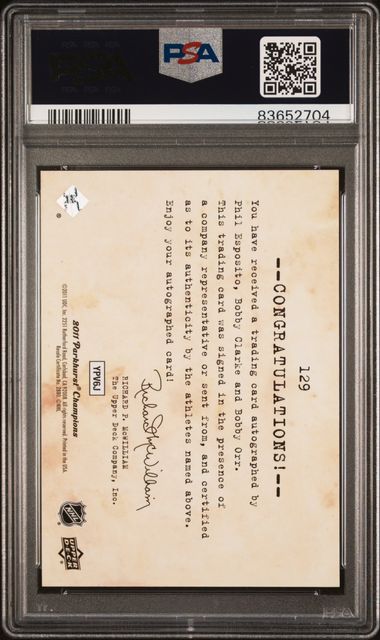 2011-12 Parkhurst Champions Autographs #129 Phil Esposito/Bobby Clarke/Bobby Orr PSA 9 | Eastridge Sports Cards