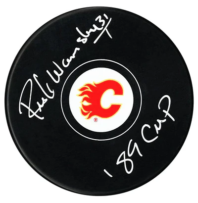 Rick Wamsley Autographed Calgary Flames Stanley Cup Inscribed Puck (COJO Sports)
