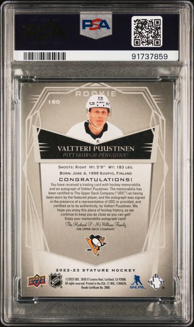 2022-23 Stature Design Variant Auto Patch #160 Valtteri Puustinen #014/20 PSA 7 (Rookie)