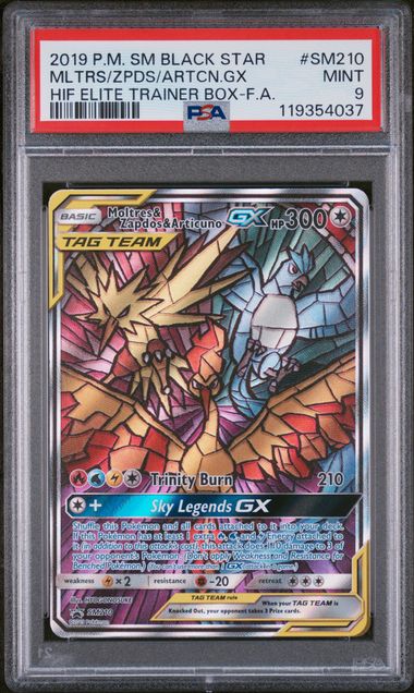 2019 Pokemon Hidden Fates ETB Promo #SM210 Moltres/Zapdos/Articuno GX- Full Art PSA 9