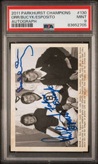 2011-12 Parkhurst Champions Autographs #130 Phil Esposito/Johnny Bucyk/Bobby Orr PSA 9 | Eastridge Sports Cards