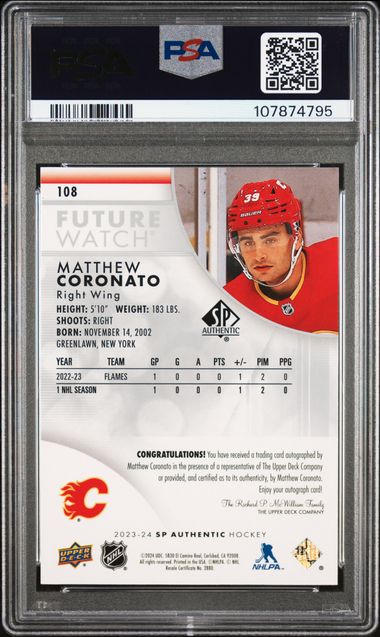 2023-24 SP Authentic #108 Matthew Coronato #882/999 PSA 10 (Rookie)