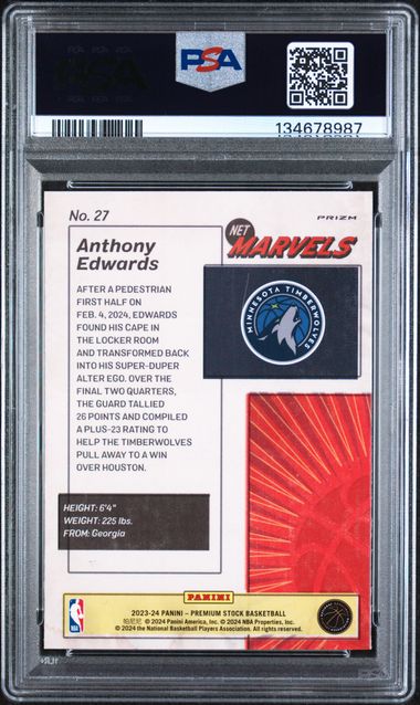 2023-24 Hoops Premium Stock Retro Net Marvels #27 Anthony Edwards PSA 9