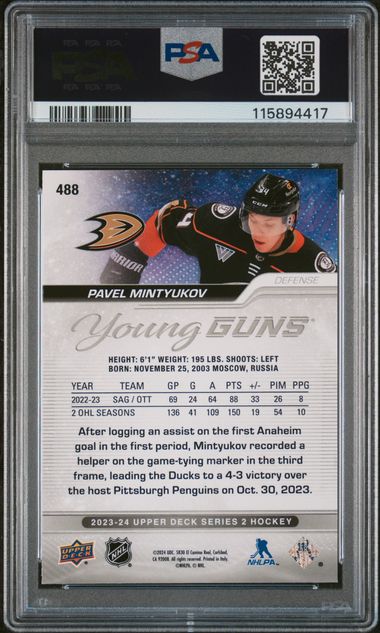 2023-24 Upper Deck Outburst #488 Pavel Mintyukov PSA 8 (Rookie)