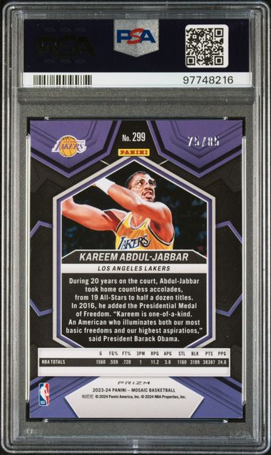 2023-24 Panini Mosaic Blue Fast Break #299 Kareem Abdul-Jabbar #75/85 PSA 9