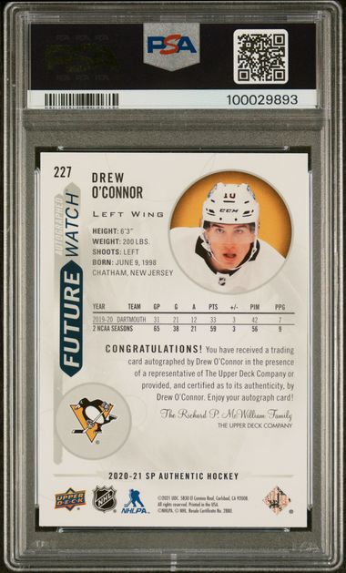 2020-21 SP Authentic Inscribed #227 Drew O'Connor #013/999 PSA 10 (Rookie)