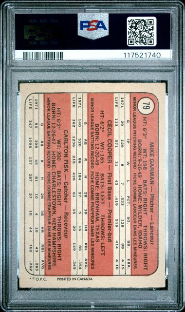 1972 O-Pee-Chee #79 Mike Garman/Cecil Cooper/Carlton Fisk PSA 3 (Rookie)