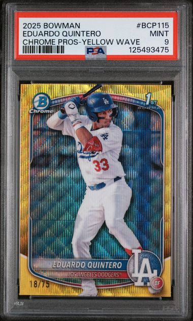 2025 Bowman Chrome Prospect Yellow Wave Refractor #BCP115 Eduardo Quintero #18/75 PSA 9