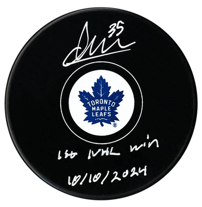 Dennis Hildeby Autographed Toronto Maple Leafs 1st Win Inscribed Puck (COJO Sports)