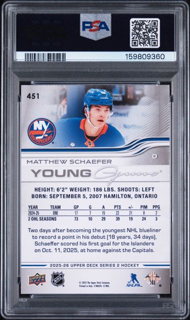 2025-26 Upper Deck #451 Matthew Schaefer PSA 9 (Rookie)