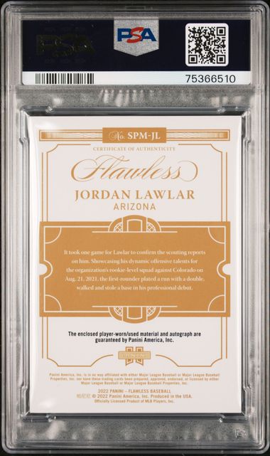 2022 Panini Flawless Signature Prime Material Sapphire #SPMJL Jordan Lawlar #04/10 PSA 9