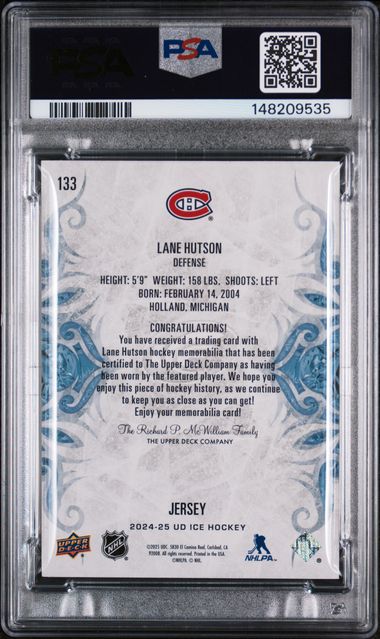 2024-25 Upper Deck Ice Blue Jersey #133 Lane Hutson PSA 10 (Rookie)