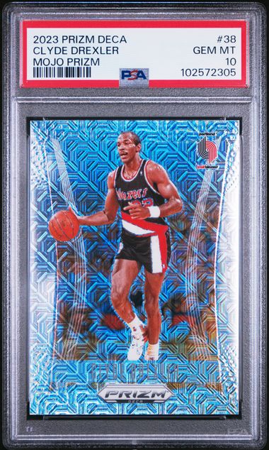 2023-24 Panini Prizm Deca Mojo Prizm #38 Clyde Drexler #21/25 PSA 10
