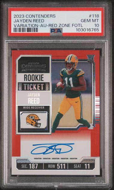 2023 Panini Contenders Variation Red Zone FOTL #118 Jayden Reed PSA 10 (Rookie)