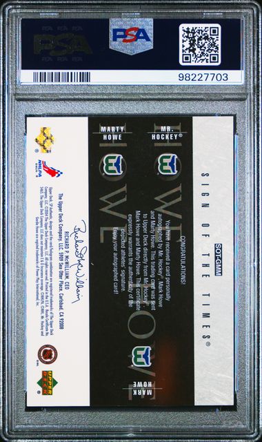 2003-04 SP Authentic Sign of the Times #GMM Gordie Howe/Mark Howe/Marty Howe #16/25 PSA 9
