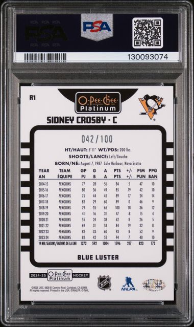 2024-25 O-Pee-Chee Platinum Retro Blue Luster #R1 Sidney Crosby #042/100 PSA 10