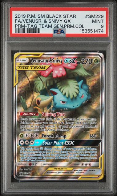 2019 Pokemon Tag Team Generations Premium Collection Promo #SM229 Venusaur & Snivy - Full Art PSA 9